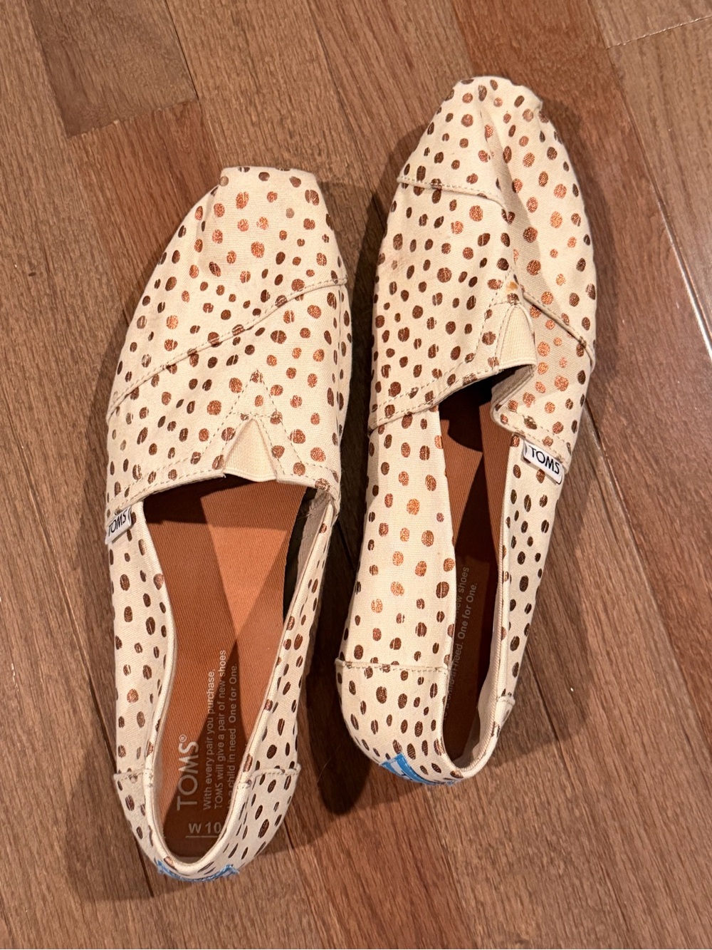 TOMS Cream Canvas Slip-Ons with Brown Polka Dots